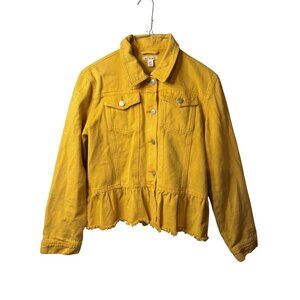 MIAMI Denim Jacket Women Medium Yellow Mustard Peplum Hem Distressed Jean Trendy